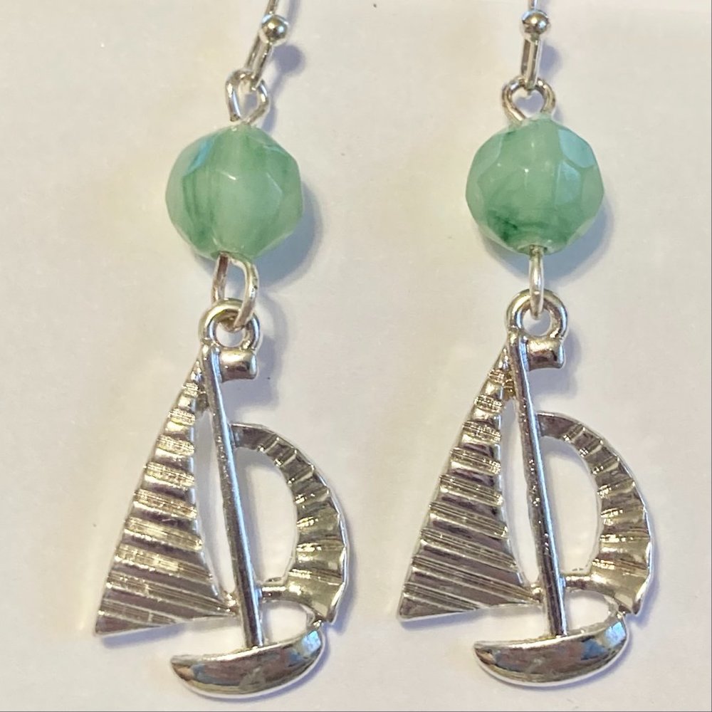 Nautical Sailboat Earrings Silver Plated Green Bead Dangle Pierced Beach Island
